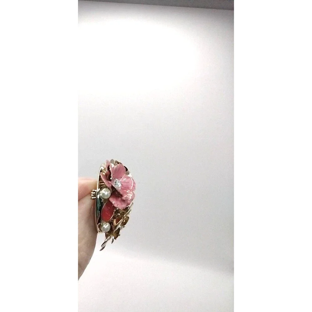 Napier Brooch Pin 3 Flower Cluster Floral Pink White Enamel Faux Pearls with Box